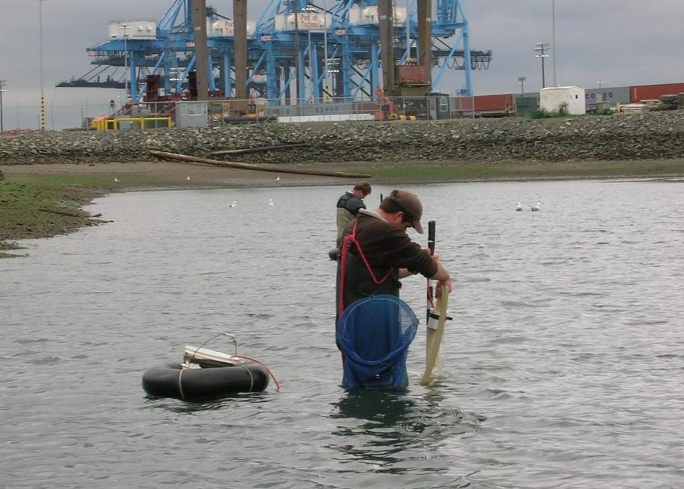 Man measuring water with equipment in hand