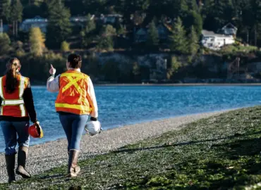 Two Farallon employees surveying a rocky beach with green seaweed.